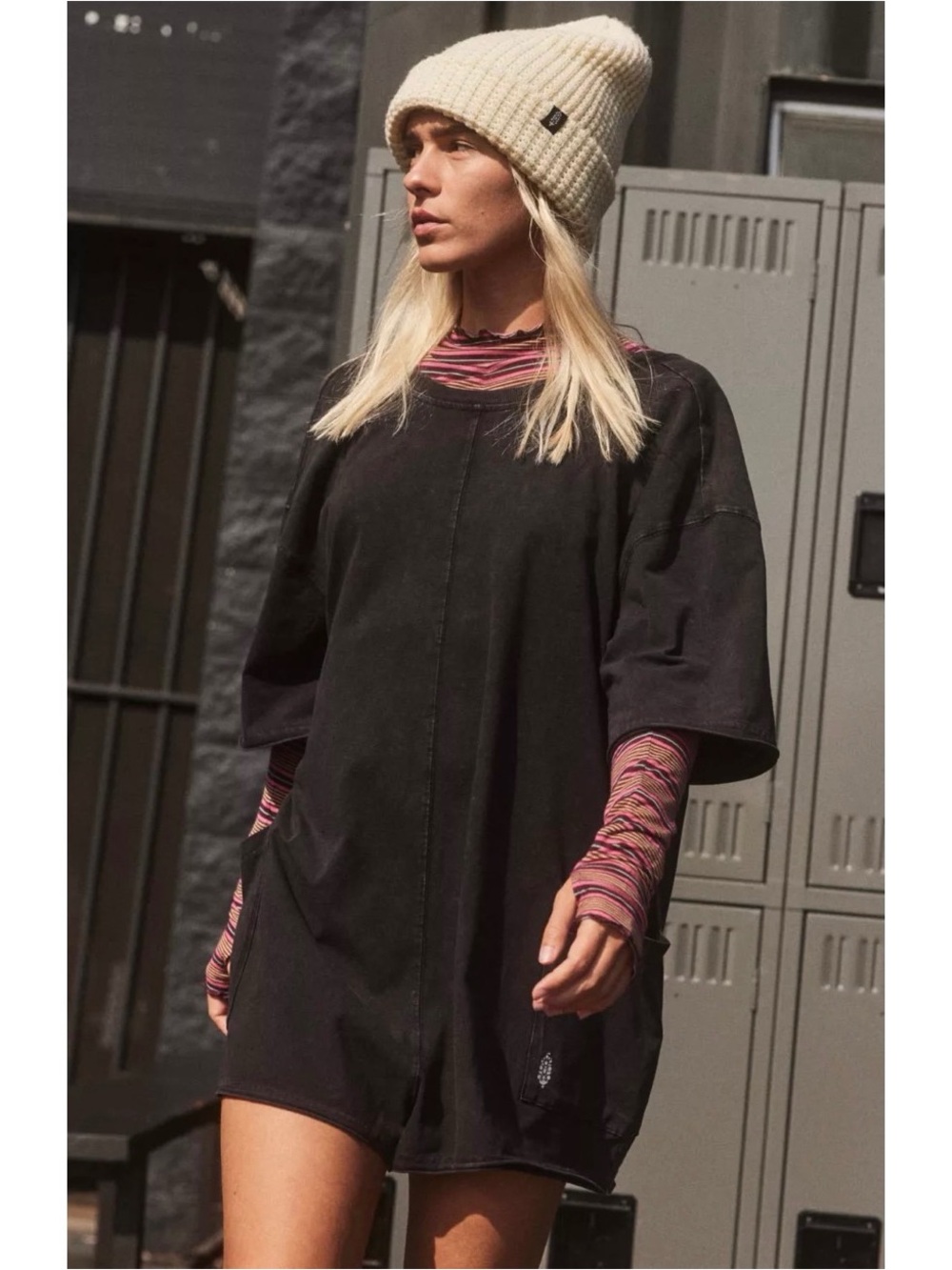 Free People Movement Oversized Hot Shot Tee Romper Faded Black Size M NWT
